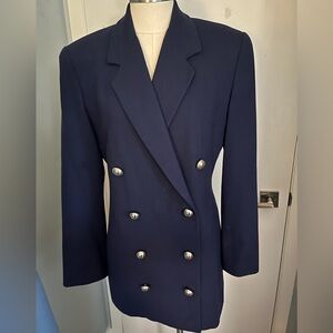 💎Linda Allard for Ellen Tracy Navy Double-Breasted Blazer with Silver Buttons